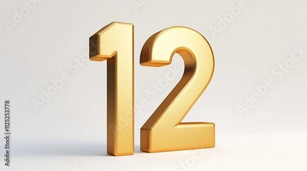 Fototapeta A clean and sharp 3D number "12" in matte gold with soft shadowing, set against a solid white backdrop,