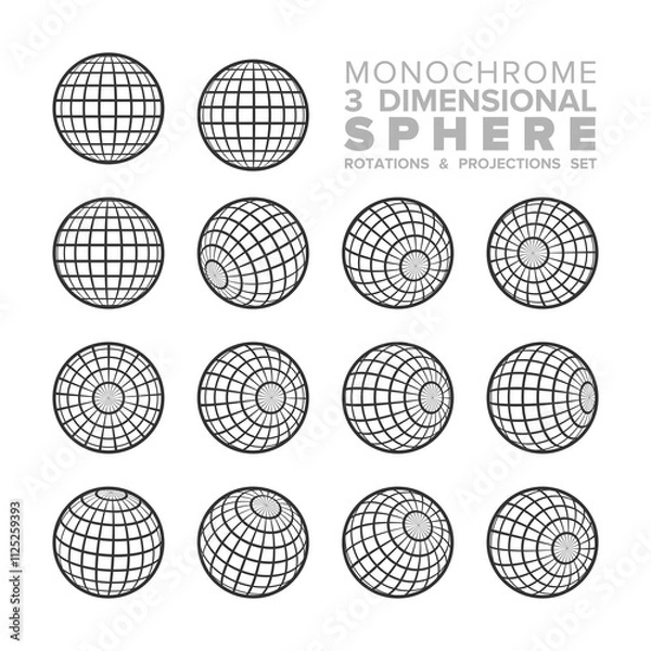 Fototapeta 3d (three dimensional) monochrome sphere rotations and projections set