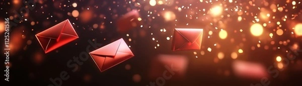 Fototapeta Floating red envelopes with a shimmering bokeh background, perfect for themes of communication and celebration.