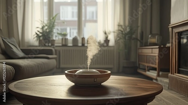 Fototapeta Modern diffuser on a wooden table in a tranquil living room, releasing aromatic steam into a soft, warm ambia