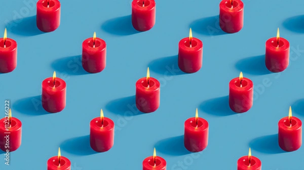Fototapeta  a vibrant and visually striking arrangement of red objects with golden cone-shaped tips, evenly spaced in a grid pattern on a bright blue background. The objects cast long, sharp shadows