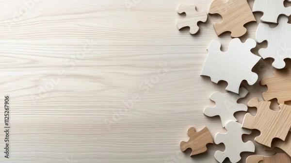 Fototapeta A collection of wooden puzzle pieces scattered on a light wood surface, This image is ideal for concepts related to teamwork, problem-solving, or creativity in educational materials,