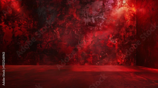 Fototapeta  a dark, intense scene filled with red tones and textures, evoking a fiery, dramatic, or possibly infernal atmosphere The space seems enclosed, with a textured, smoky background 