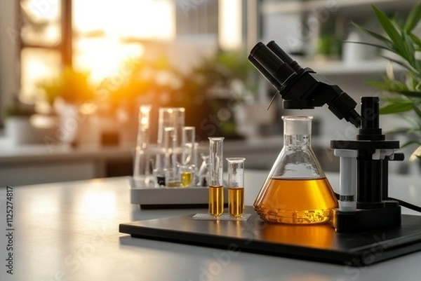 Fototapeta Laboratory setup with glassware and microscope during sunset hours in a well-lit research space