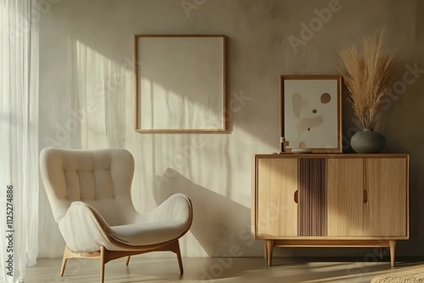 Fototapeta Modern living room blending Japandi and Scandinavian styles, featuring an armchair near a stucco wall, a natural wood cabinet, and abstract art frames