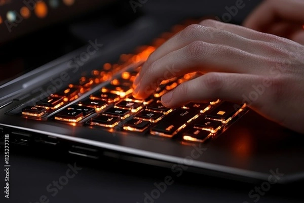 Fototapeta Fingers typing on a glowing orange keyboard in a low-light setting during a late-night gaming session