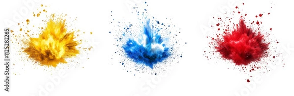 Obraz Triple Color Explosion Yellow, Blue, Red Powder Clouds Isolated on White Background, Abstract, Splash, Design