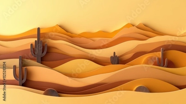 Fototapeta Dreamy paper cut desert with layered golden dunes, a soft sunset glow, cacti silhouettes, and an open sky creating a warm, minimal escape scene
