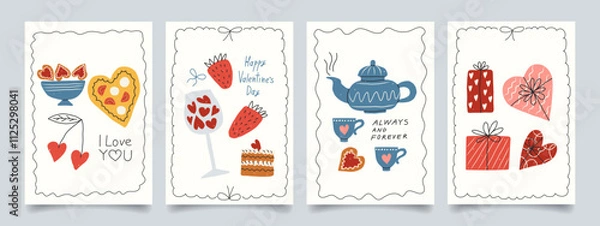 Fototapeta Valentine's day vintage cards, poster set with hand drawn doodle elements. Trendy cute design with wave frames, pizza in heart, gifts, strawberry, bows, sweet cake, cherry. Perfect for cover, banner.