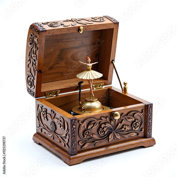Fototapeta Intricate wooden music box with ballerina figure dancing inside, photography of still life concept.