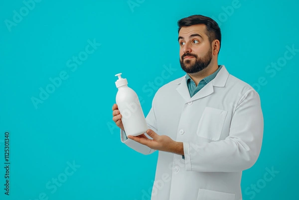 Fototapeta a man in a doctor's coat holds a white pill jar in his hands. for advertising. for business. for banners.