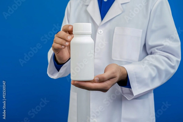 Obraz a man in a doctor's coat holds a white pill jar in his hands. for advertising. for business. for banners.