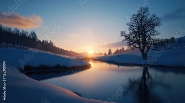 Fototapeta A beautiful winter scene with a tree in the foreground