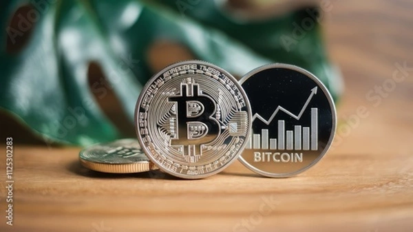 Obraz Shiny silver crypto coins on the table from different sides. Digitization