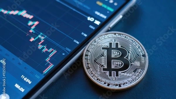 Obraz A large coin with a bitcoin symbol in focus, and a bright graph illustrating economic growth behind on a phone monitor