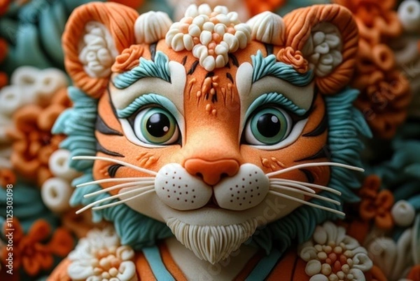 Fototapeta A vibrant, whimsical tiger sculpture adorned with floral details and expressive features.