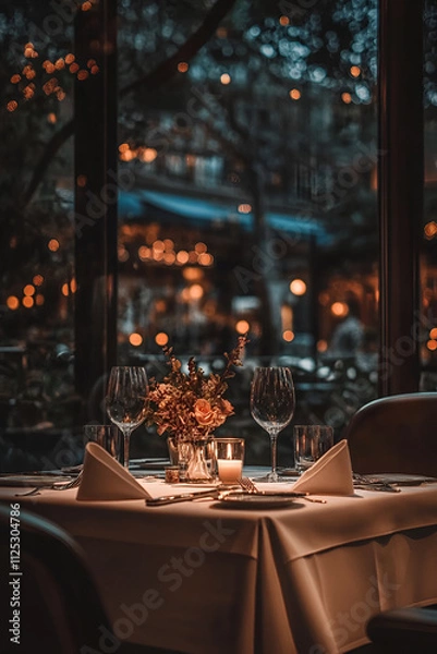 Obraz Elegant table setting with wine glasses, a candle, and a floral centerpiece in a romantic restaurant with blurred bokeh lights outside the window