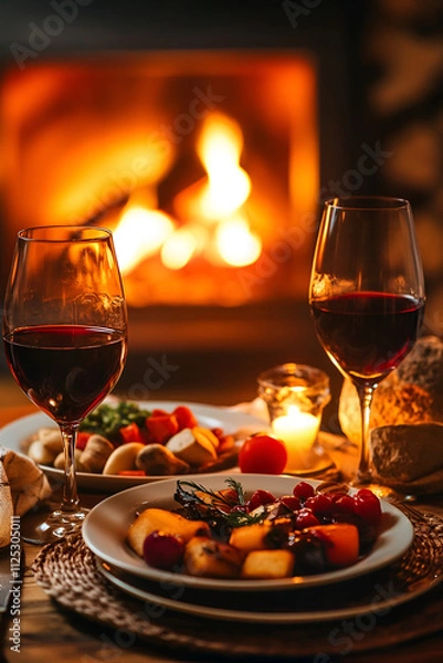 Obraz Romantic dinner with wine, roasted vegetables, and candlelight in front of a warm fireplace