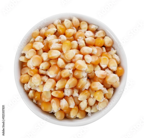 Fototapeta Fresh corn kernels in bowl isolated on white, top view