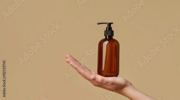 Obraz hand holding a bottle of soap, empty soap bottle for mockup