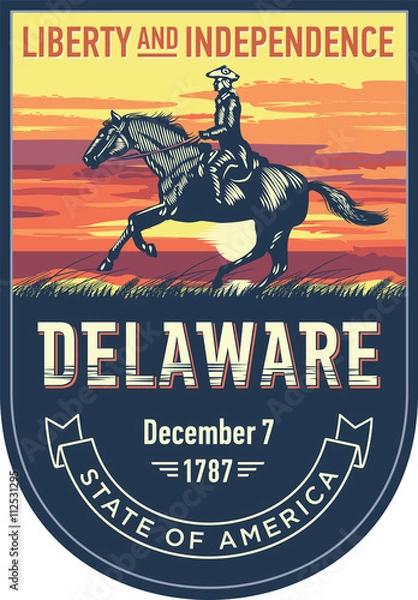 Obraz Делавэр стилизованная эмблема штата Америки, всадник, на рассвете на синем фоне