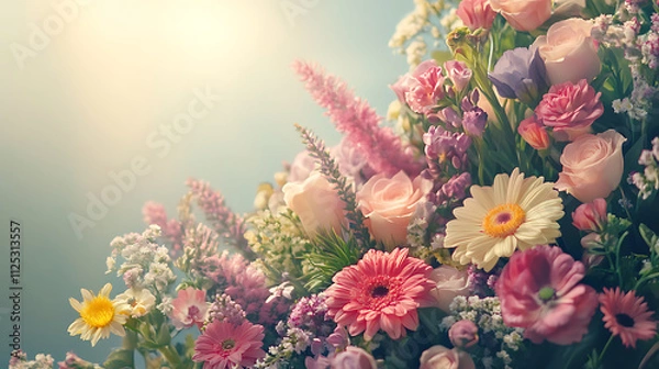 Fototapeta Spring floral composition made of fresh colorful flowers on light pastel background. Festive flower concept with copy space.