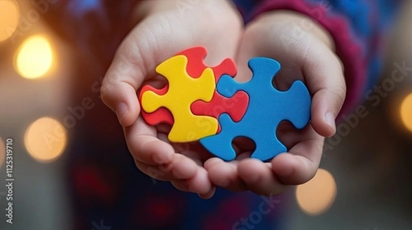 Fototapeta Close-up of a child hand holding a puzzle piece. Symbolic of autism awareness and understanding. World Autism Awareness Day. Second of April. Background, wallpaper, banner