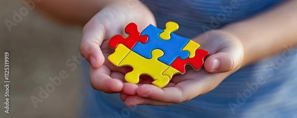 Fototapeta Close-up of a child hand holding a puzzle piece. Symbolic of autism awareness and understanding. World Autism Awareness Day. Second of April. Background, wallpaper, banner
