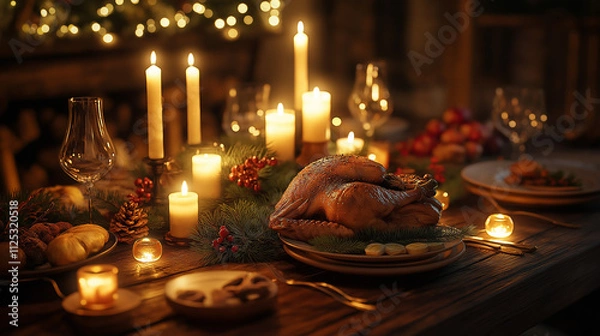 Fototapeta Christmas dinner table set with candles and a roasted turkey