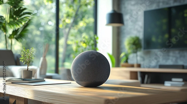 Fototapeta Sphere-shaped smart speakers on the wooden table in the modern room with plants and floor-to-ceiling windows