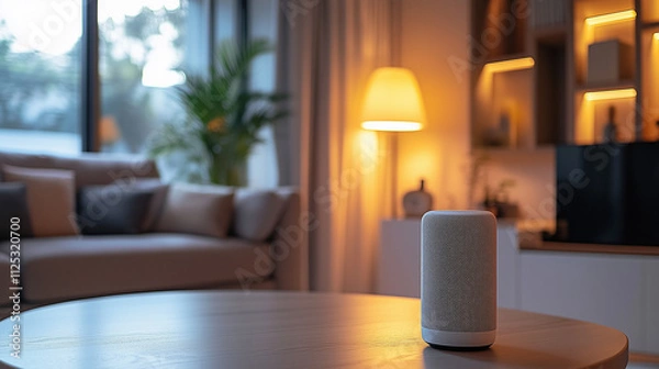 Fototapeta Smart speakers on the wooden table in the modern room