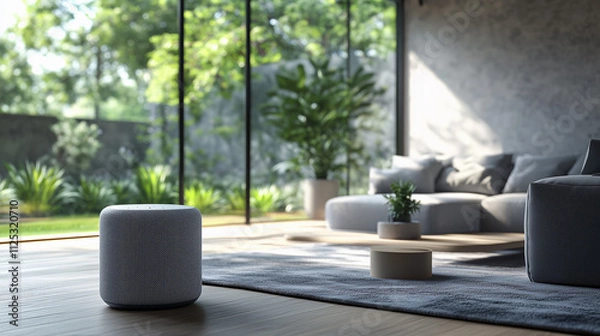 Fototapeta Smart speakers on the floor in the modern minimalist living room with sofa and green garden