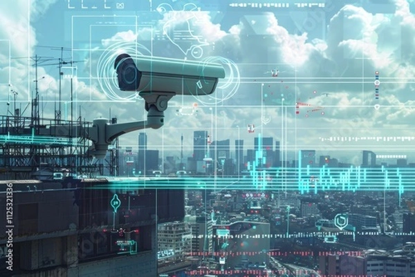 Obraz A video surveillance camera representing AI surveillance technologies. The concept of connecting to a high-tech fiber-optic security network. Traffic and city safety