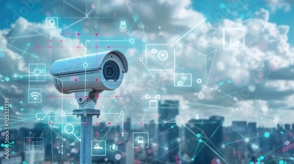 Obraz A video surveillance camera representing AI surveillance technologies. The concept of connecting to a high-tech fiber-optic security network. Traffic and city safety