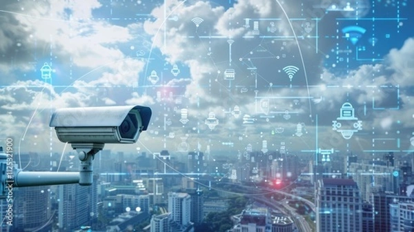Obraz A video surveillance camera representing AI surveillance technologies. The concept of connecting to a high-tech fiber-optic security network. Traffic and city safety