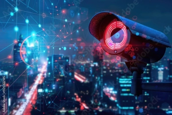Obraz A video surveillance camera representing AI surveillance technologies. The concept of connecting to a high-tech fiber-optic security network. Traffic and city safety