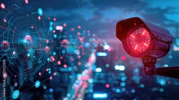 Obraz A video surveillance camera representing AI surveillance technologies. The concept of connecting to a high-tech fiber-optic security network. Traffic and city safety