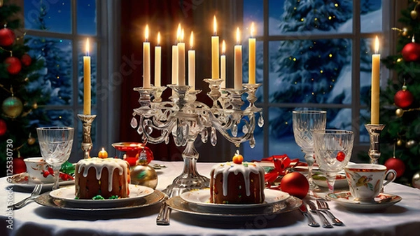 Fototapeta Festive Christmas dinner table setting with candles, desserts, and snowy winter scene view from window.