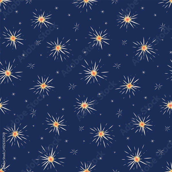 Fototapeta Vector seamless pattern with shining sparkles and fireworks flashes