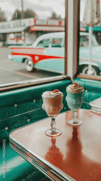 Fototapeta Milkshake on diner table with vintage car in the background. Nostalgic retro setting