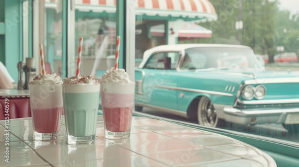 Fototapeta Milkshake on diner table with vintage car in the background. Nostalgic retro setting