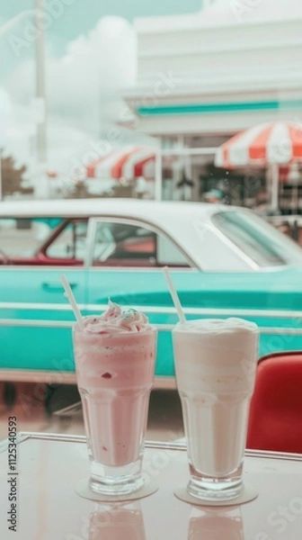 Fototapeta Milkshake on diner table with vintage car in the background. Nostalgic retro setting