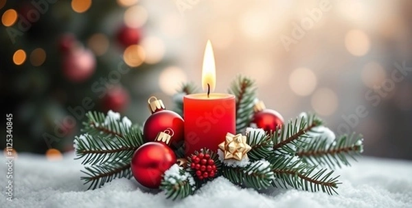 Fototapeta Christmas Candlelight: A red candle glows warmly amidst a snowy scene, surrounded by festive ornaments and pine branches, creating a cozy and enchanting Christmas atmosphere. 