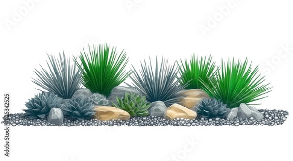 Obraz landscape bed with yucca and rocks - landscaping design element, isolated on white - low water use landscaper design clipart - angle, concrete curb, river rock. Xeriscaping