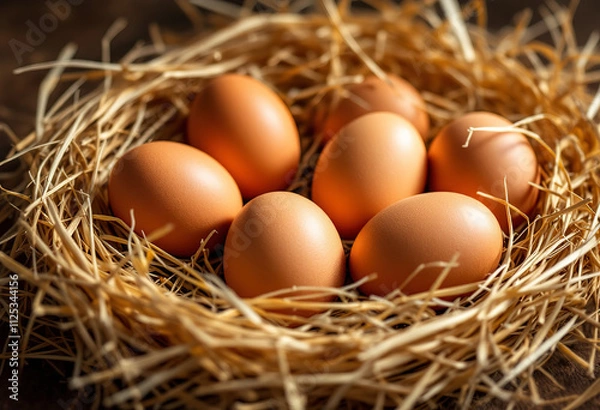 Fototapeta A rustic scene of six brown eggs nestled on a bed of dry, golden-brown straw