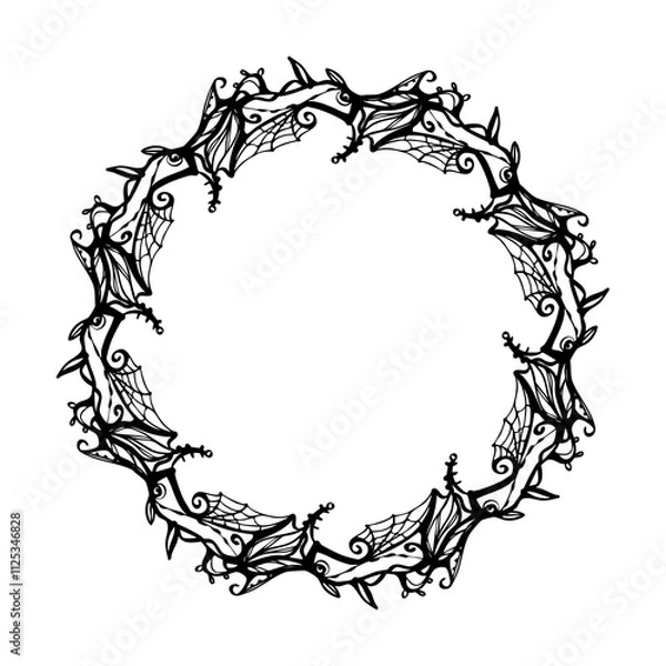 Fototapeta Black vector wreath with branches and web, gothic doodles.