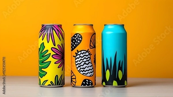 Obraz Vibrant Tropical Beverage Cans: Three uniquely designed aluminum cans featuring eye-catching tropical patterns and colors against a sunny yellow backdrop.