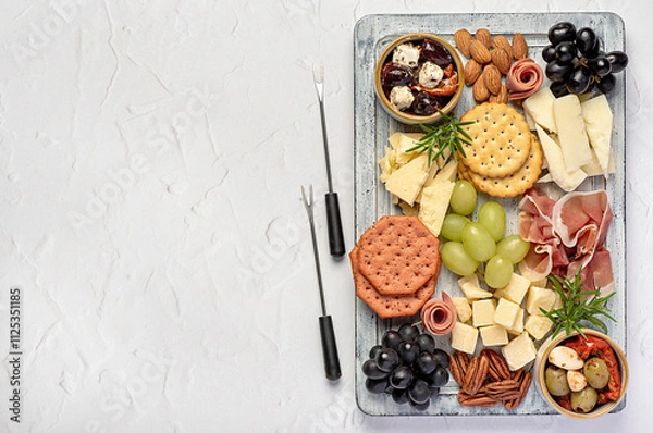 Fototapeta Blank food photography of antipasto with parmesan, sheep cheese, cheddar, serrano ham, prosciutto, grapes,  pecan; almond, crackers; marinated olives with tomatoes, celebration, party