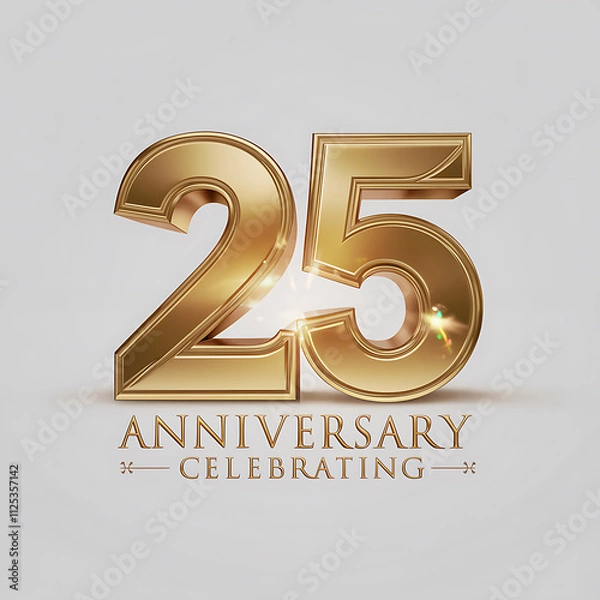 Fototapeta 25 Anniversary celebrating greeting card with gold 3d text on white background. Poster, banner,  template for 25th anniversary event party. 