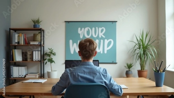 Fototapeta Modern office with a person on a video call, decorated with motivational art and a cozy bookshelf
